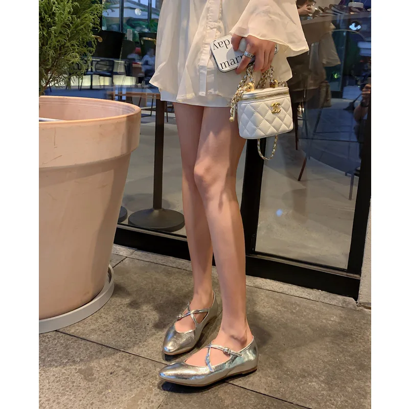 French Silver Mary Jane Women's 2022 Summer New Flat Bottom Temperament Ballet Shoes Cross Strap Grandma Shoes