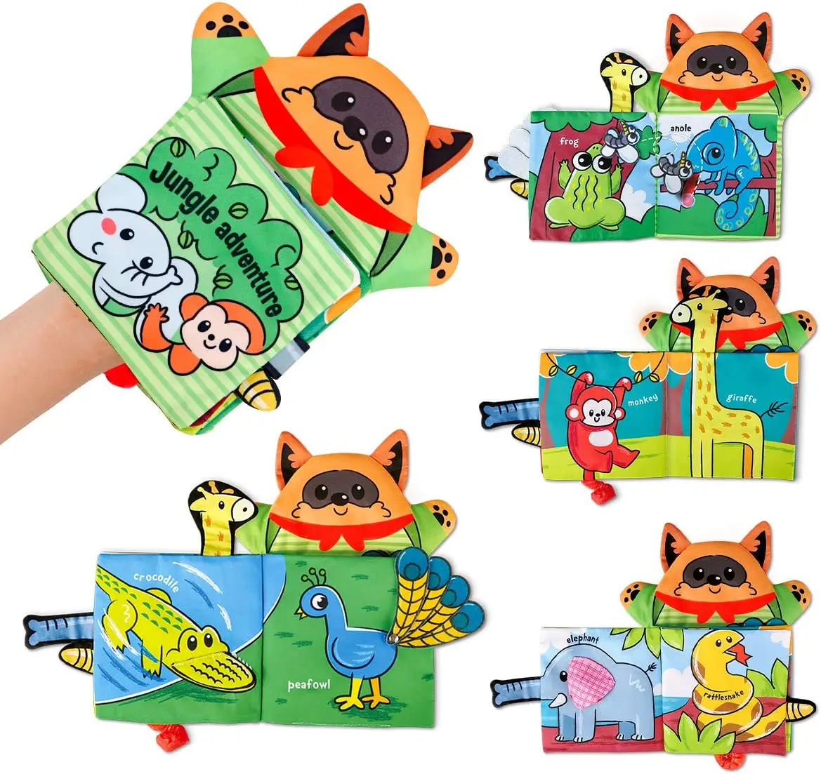 

Baby Soft Cloth Book with Hand Puppet Animal Touch and Feel Crinkle Book Tail Tactile Fabric Activity Book for Babies Infants