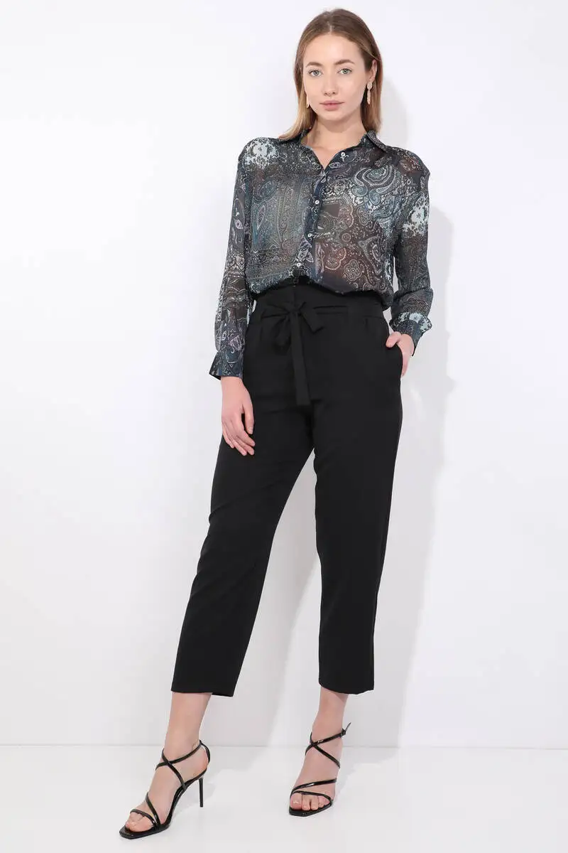 

Womens Black Belted High Waist Fabric Trousers
