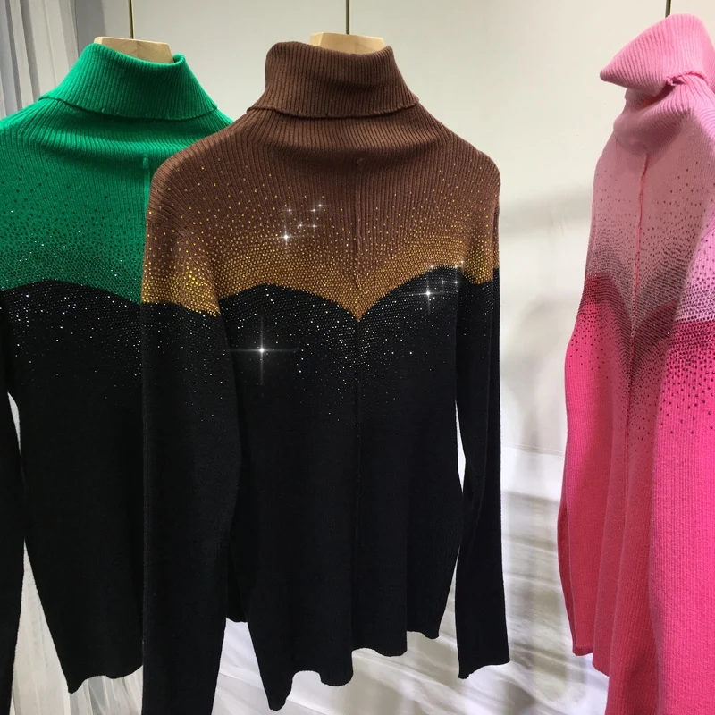 

Blingbling Hot Drilling Colorblock Women Basic Sweaters 2023 New Spring High Collar Pullover Tight Knitted Top Long Sleeve
