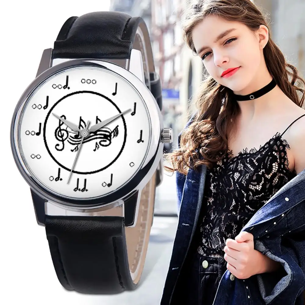 

Fashion Music Note Analog Round Dial Faux Leather Band Unisex Quartz Wrist Watch Clock Women horloge dames reloj mujer montre