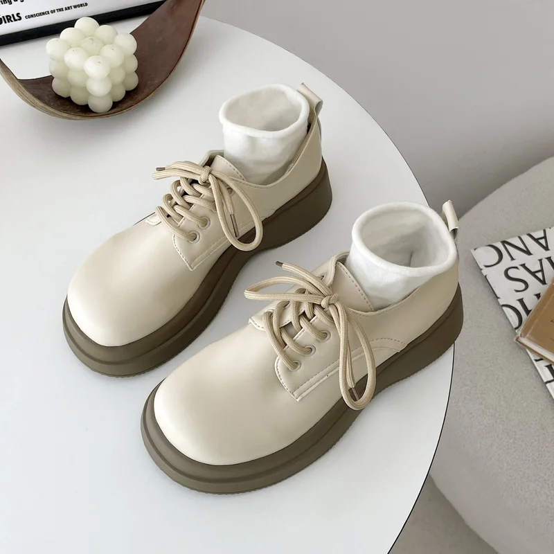 

BKQU New Spring and Autumn Fashion All-match British Style Small Leather Shoes Casual Sponge Cake Thick Bottom Lace-up Loafers