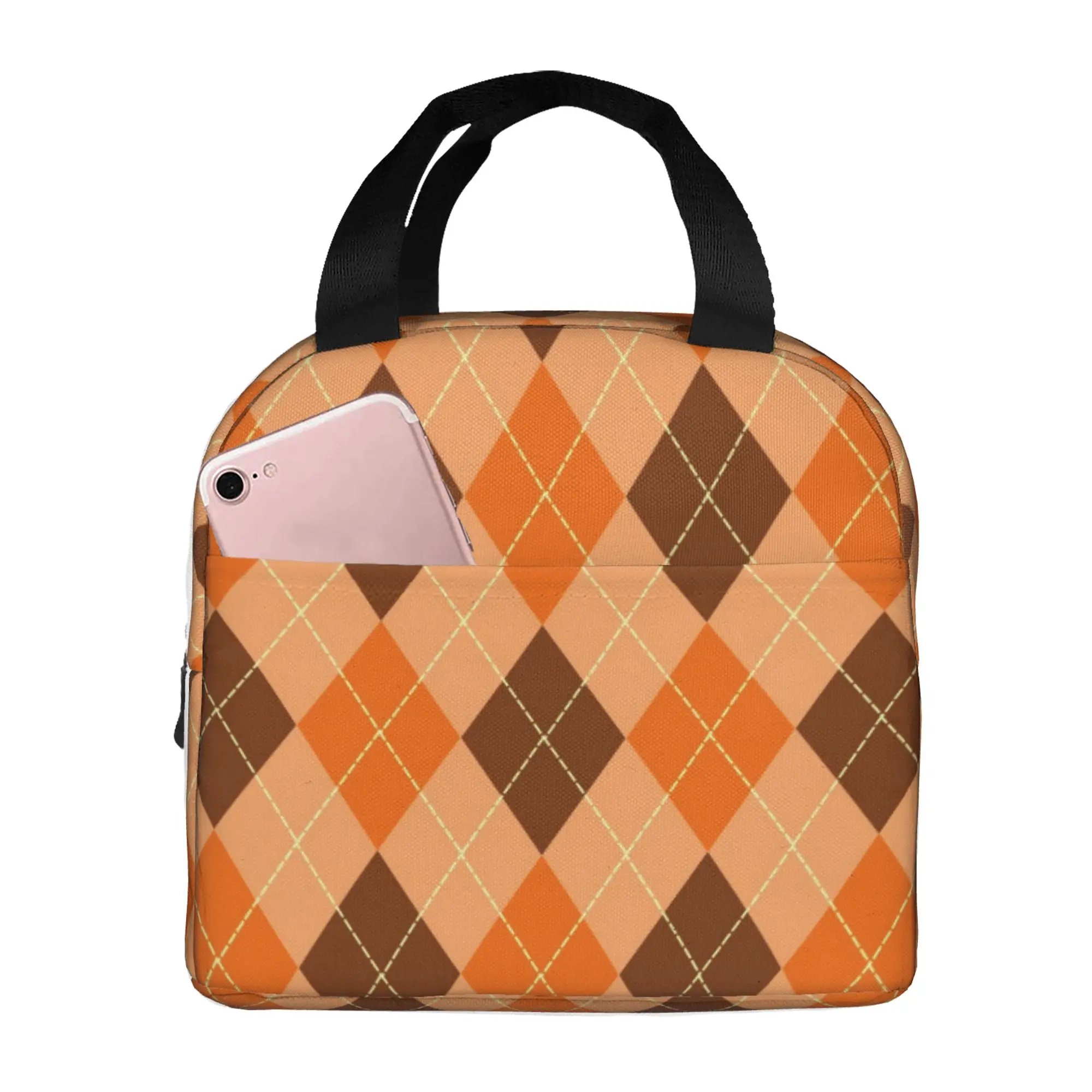 

Оранжевая и коричневая клетчатая сумка для ланча в стиле буйвола, изолированные многофункциональные сумки-тоуты для ланча, многоразовая Термосумка-холодильник