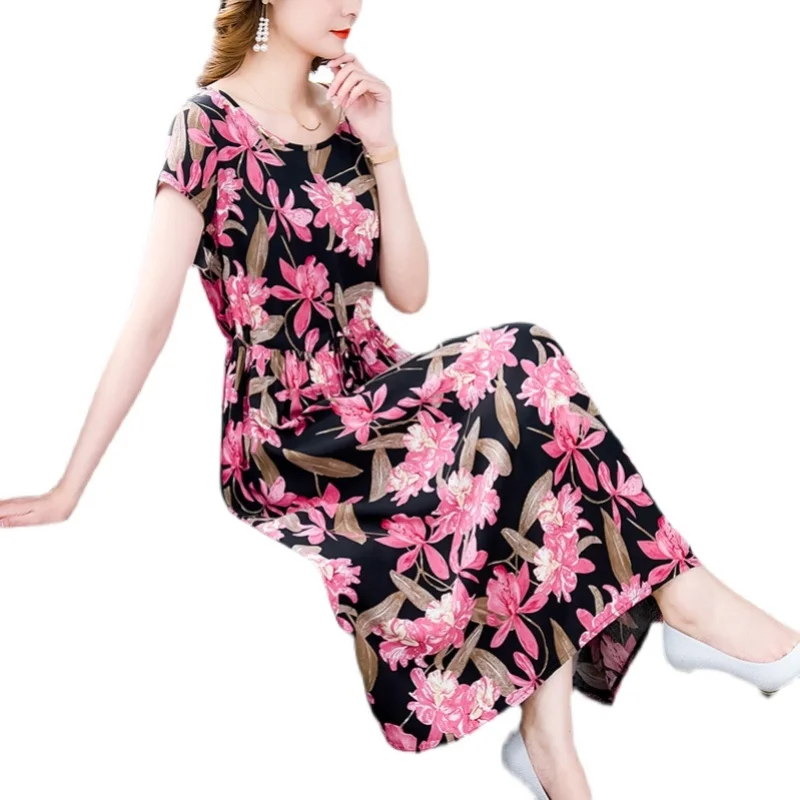 Cotton Silk Dress Women Mid-Length Fashion Outer Wear Plus size Middle-Aged and Elderly Middle-aged Long Skirt Wa...