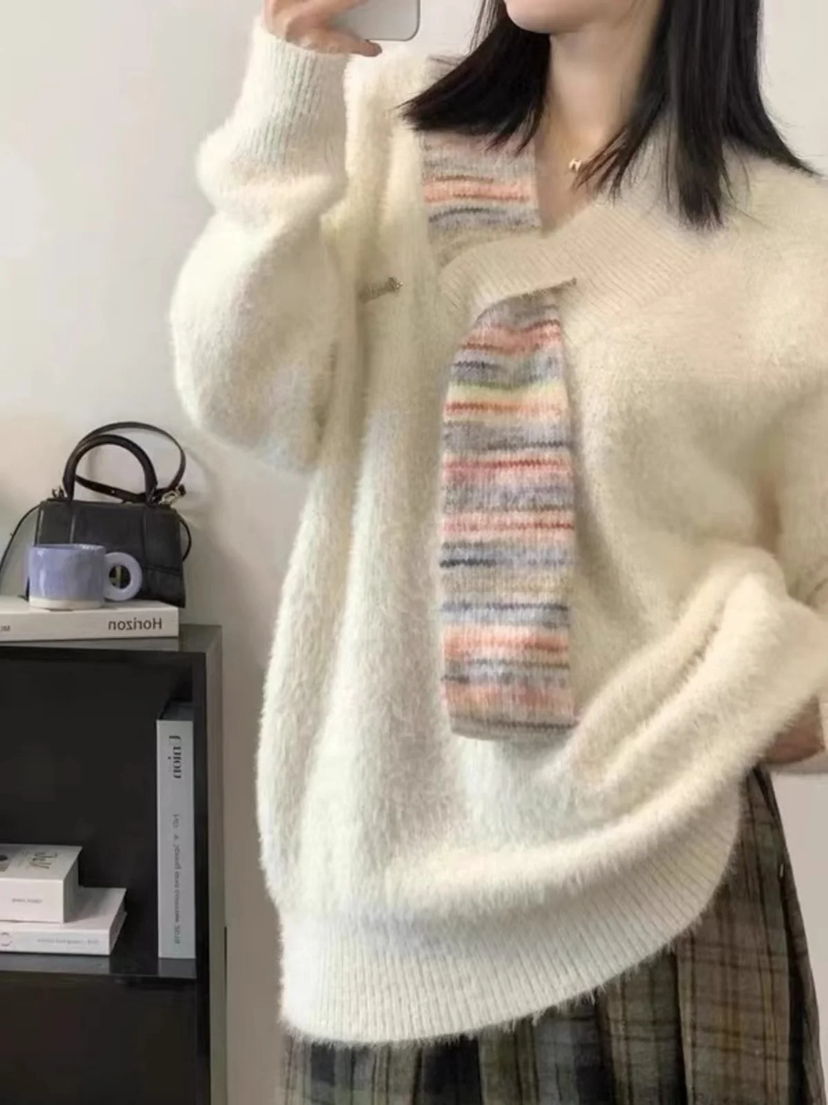 Пуловер в японском стиле свитер повседневный шарф лоскутные вязаные свитера