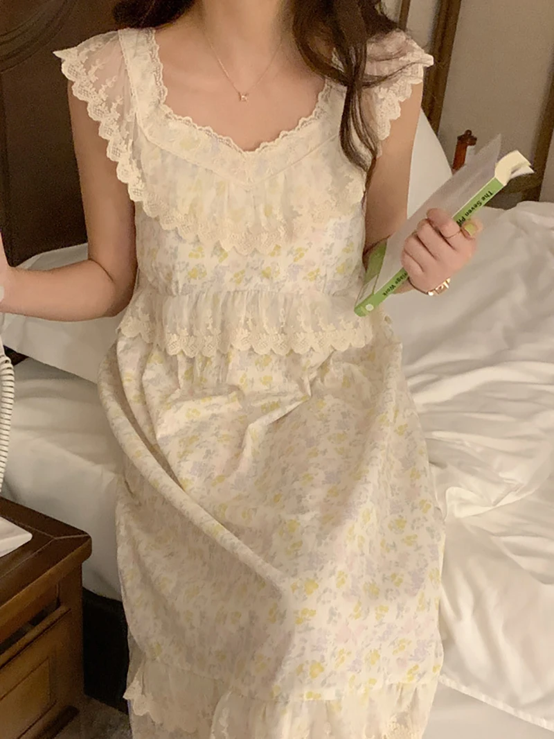 

Women Korean Summer Princess Nightdress Ruffles Mesh Fairy Pajamas Sweet Print Kawaii Nightgowns Cotton Sleepwear Loungewear