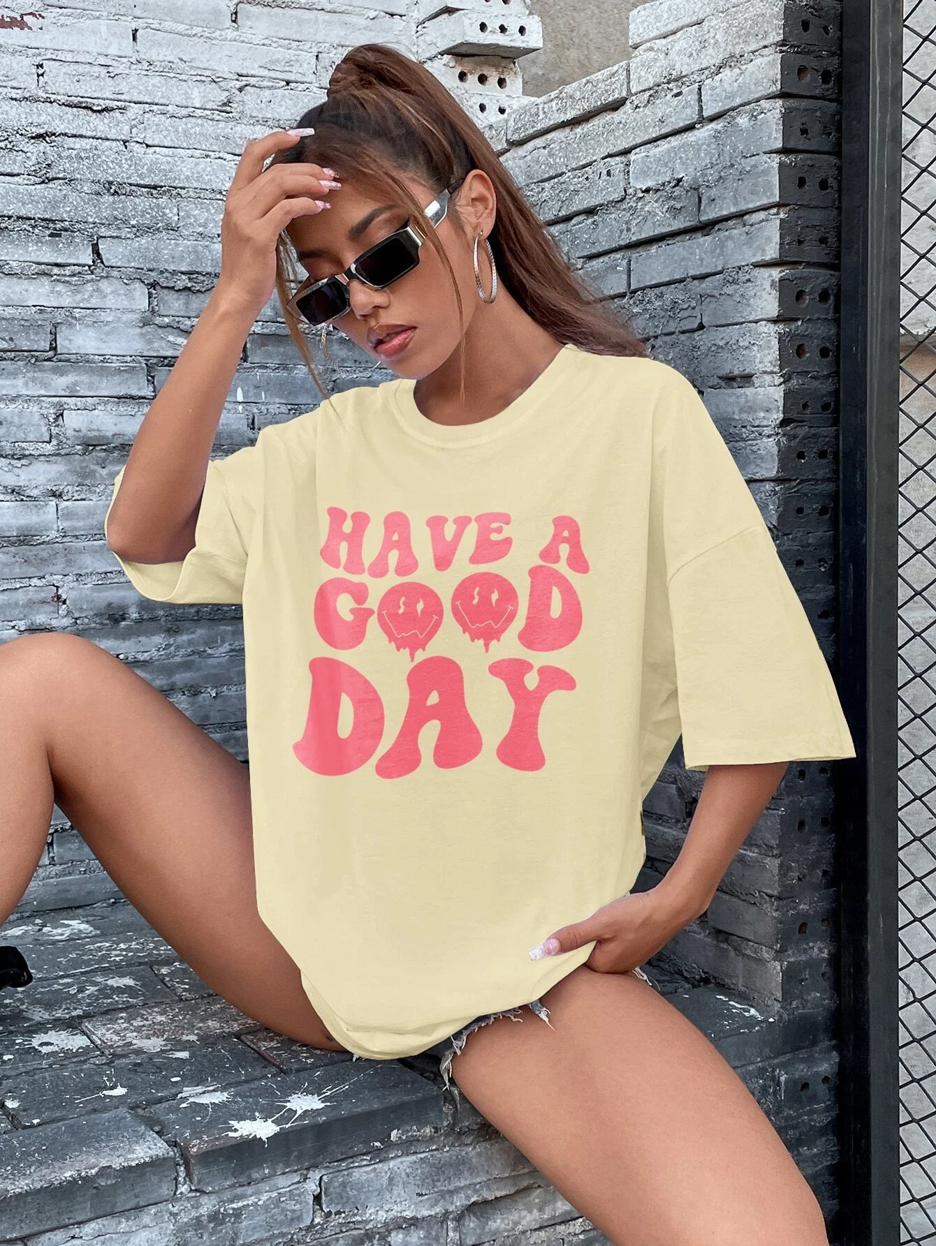 

tops Slogan Graphic Drop Shoulder Tee