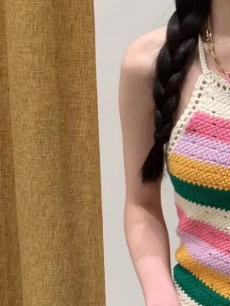 

Женское мини-платье в радужную полоску, с открытой спиной и круглым вырезом, без рукавов, праздничное весенне-летнее платье 2023