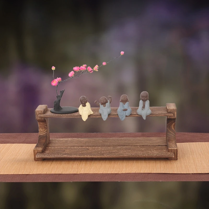 Chinese style retro solid wood tabletop storage rack tea room set cup and teapot display |