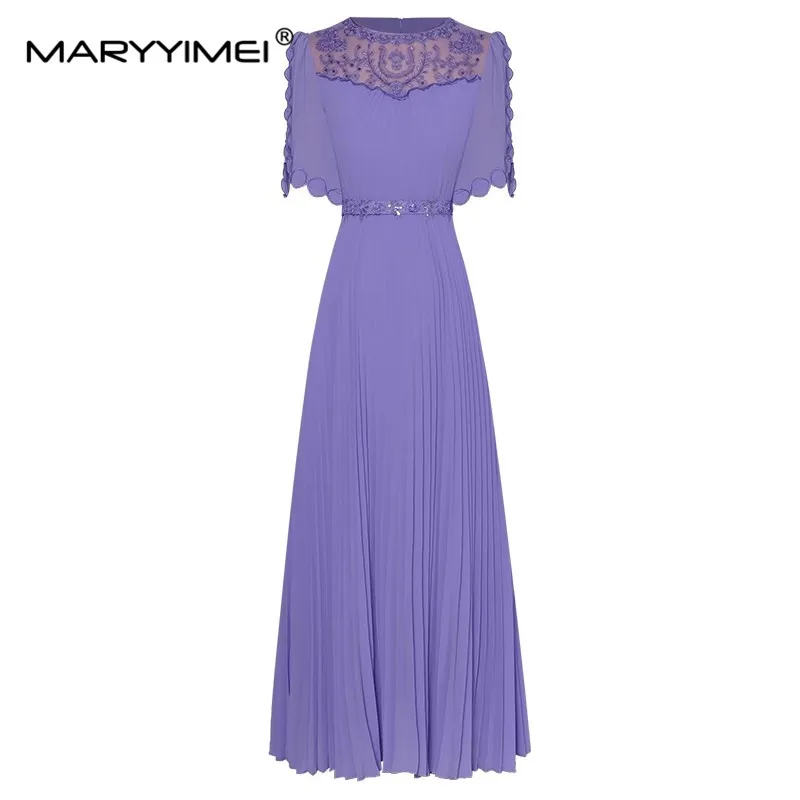 

Модное платье MARYYIMEI, летнее женское платье, элегантные плиссированные платья с коротким рукавом, вышивкой блестками, сеткой и шнуровкой