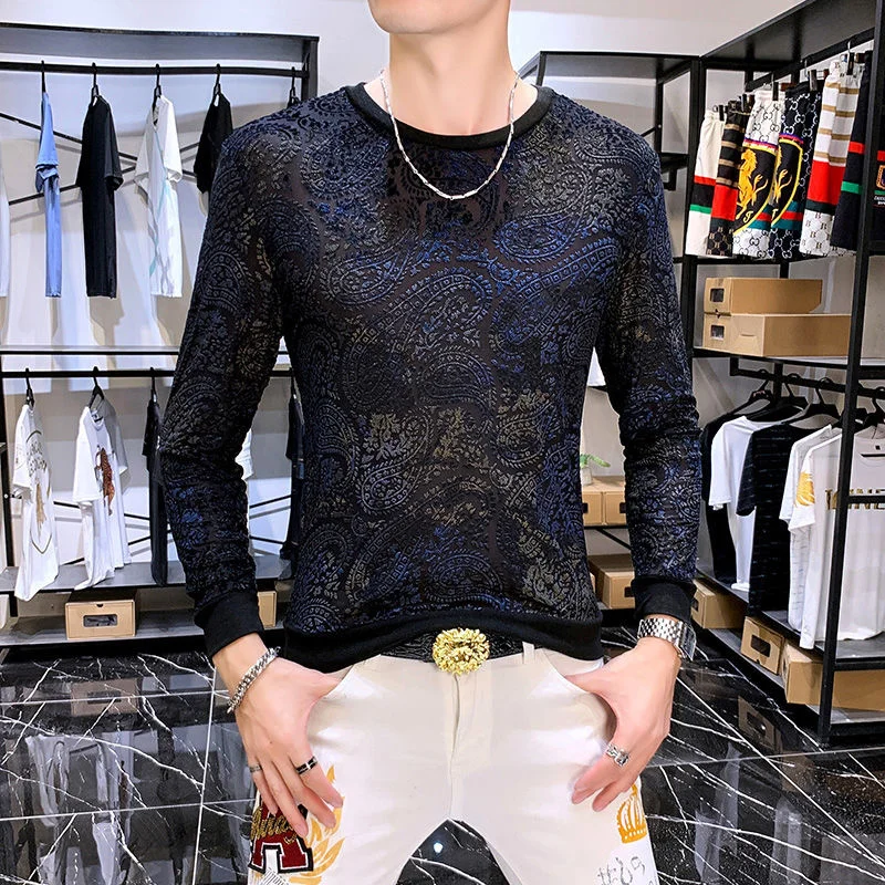 

Paisley Jacquard Velvet O-Neck Long Sleeve T-shirt Social Club Clothing Designer European Fashion Men T-shirt Tee Shirt Homme