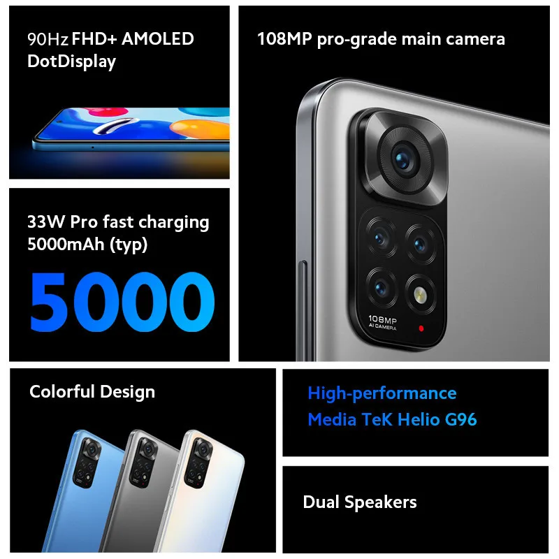 Global Version Xiaomi Redmi Note 11S 64GB/128GB MTK Helio G96 108MP Camera 33W Fast Charge 5000mAh 6.43
