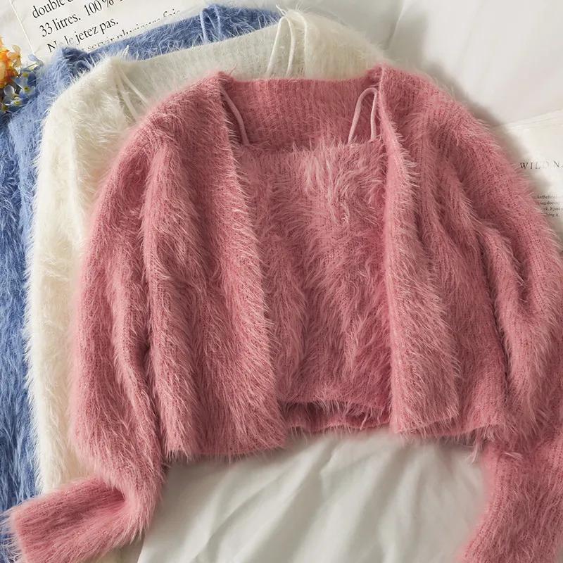 

Комплект из двух предметов, пушистый свитер, кардиган, жакет, весна-осень, Женский трикотажный кардиган с V-образным вырезом и длинным рукавом, женская короткая майка