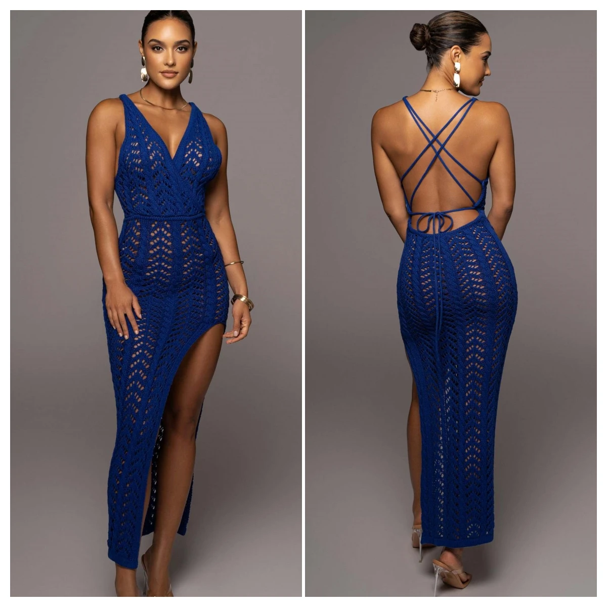 

Женское трикотажное платье в рубчик, Элегантное Длинное ажурное платье с V-образным вырезом и открытой спиной, Клубные платья с высоким разрезом, лето 2023