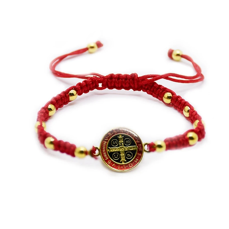 

QIGO Red Rope Hand-woven Enamel Metal St. Benedict Bracelet For Men Women Religious Jewelry