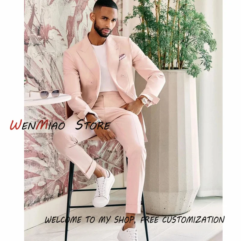 Men's Suit 2 Piece Wedding Groom Tuxedo Pink Point Lapel Blazer Pants Male Jacket Set  terno masculino