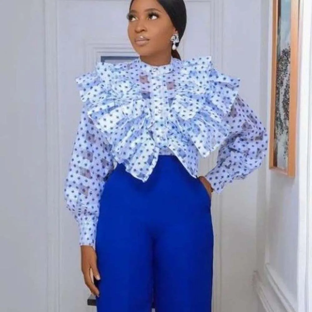

Women Blouses Ruffle Kawaii Polka Dot Print Office Lady Top Long Sleeve Casual Streetwear See Through Blouses Summer 2022