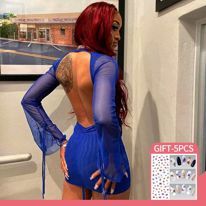 

New Fashion Club Streetwear 2 Piece Set Deep V-neck Long Sleeve Backless Tops + Drawstring Mini Skirt Mesh Lace Up Beach Suits
