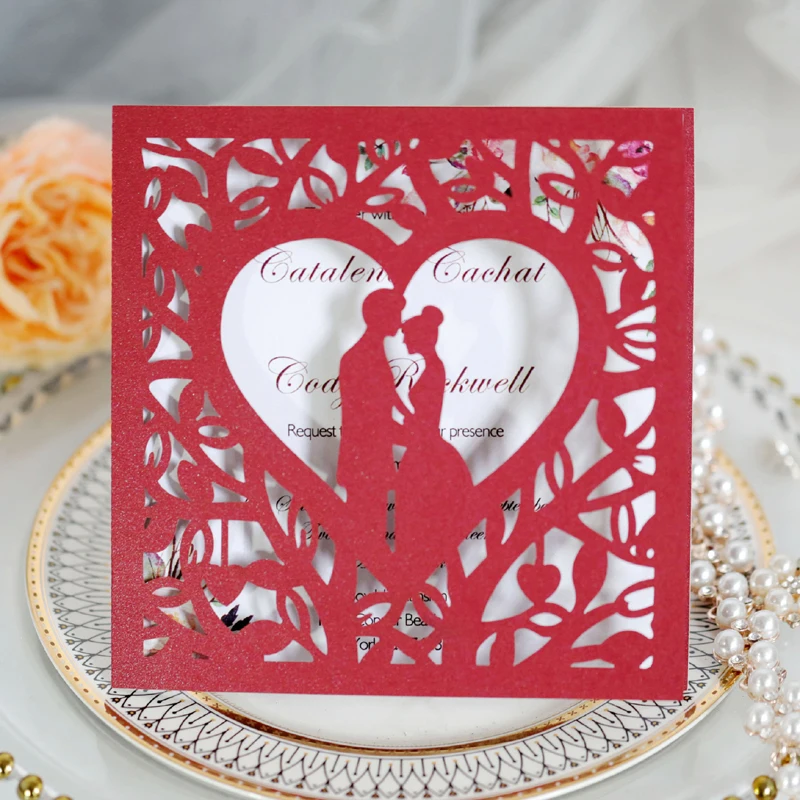 (100 pieces/lot) Personalized Print Square Red Wedding Invitation Card Laser Cut Lovers In Heart Bridal Shower Invitations IC054