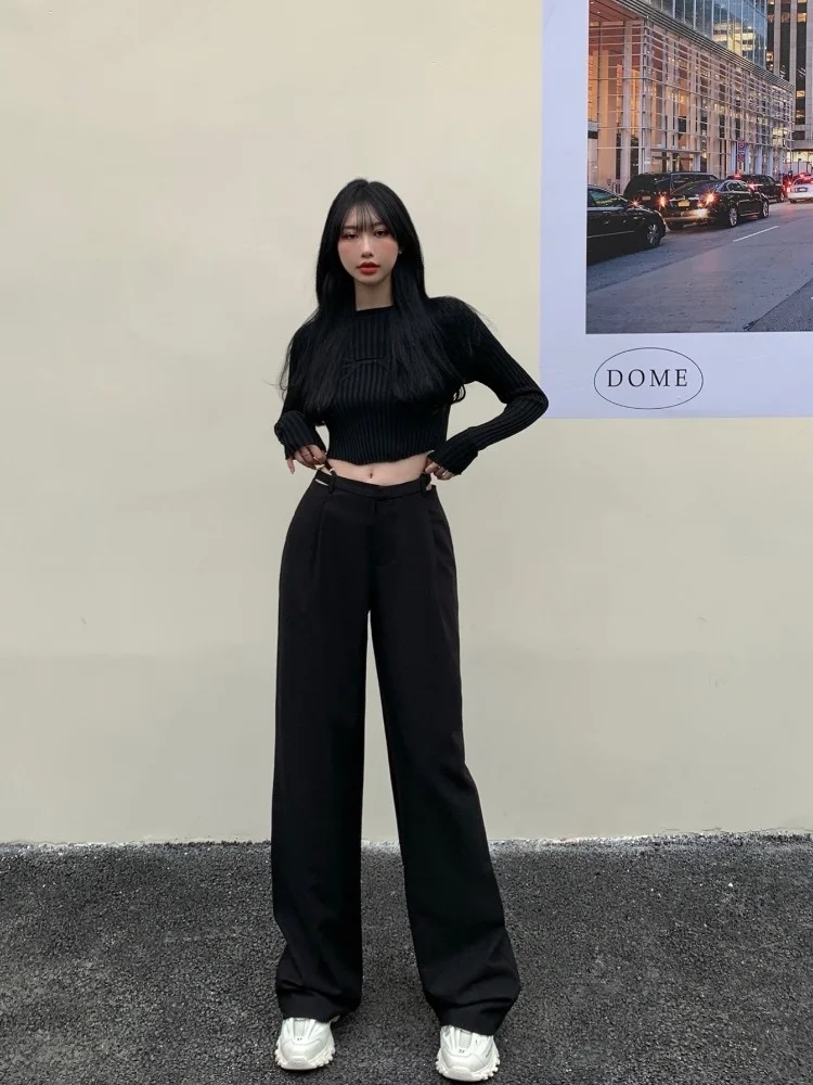 Black Casual High Waist Hollow Out Women Pants Straight Leg Wide Leg Pants Women's 2022 Autumn Trousers