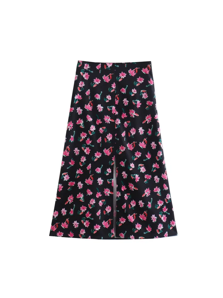

2022 Summer Women Satin Split Skirts Fashion Floral Print Zipper Mid-Calf Female Elegant Street Skirt Clothing