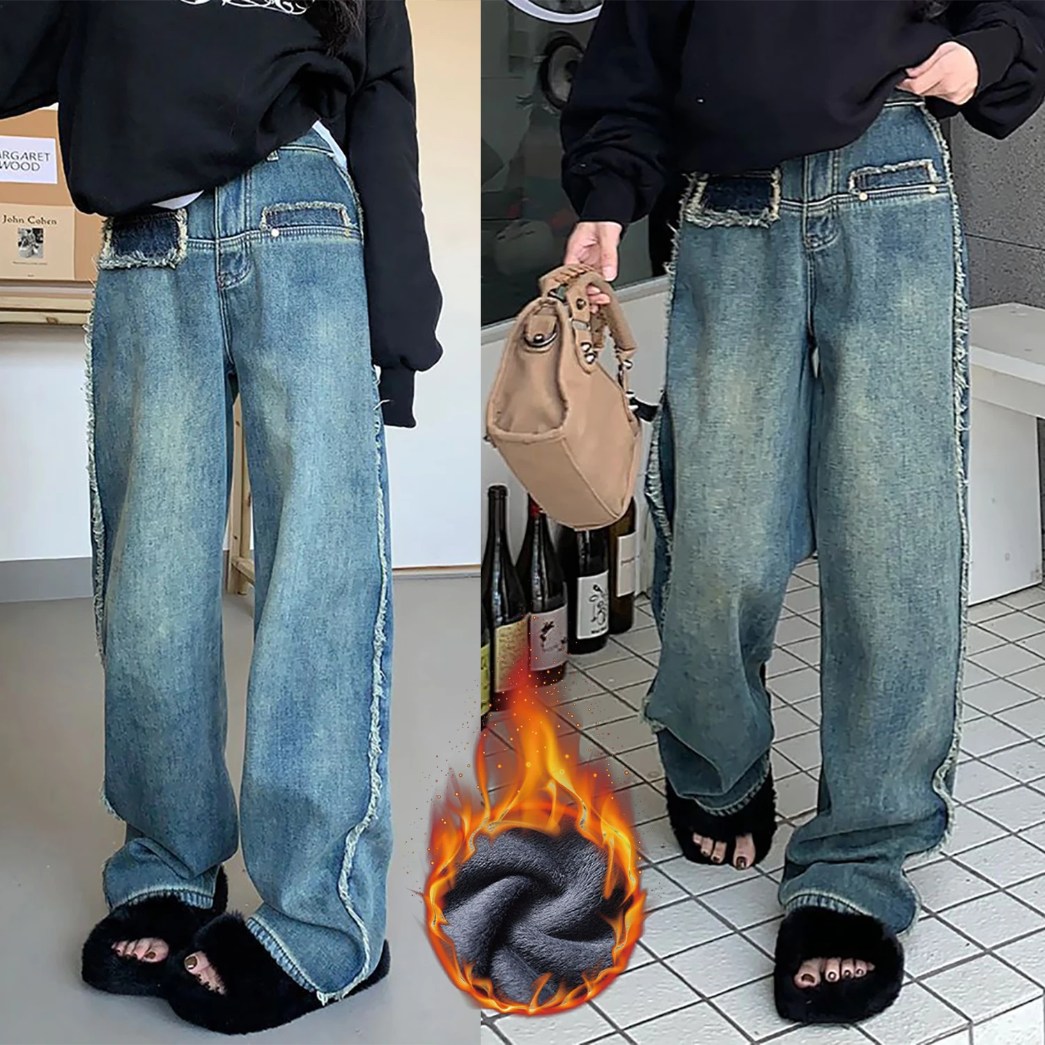 

Winter Baggy Jeans Women Vintage 4XL Wide Leg Denim Fashion High Waist Thick Plus Velvet Straight-Leg Trousers Pants Y2kPantalon