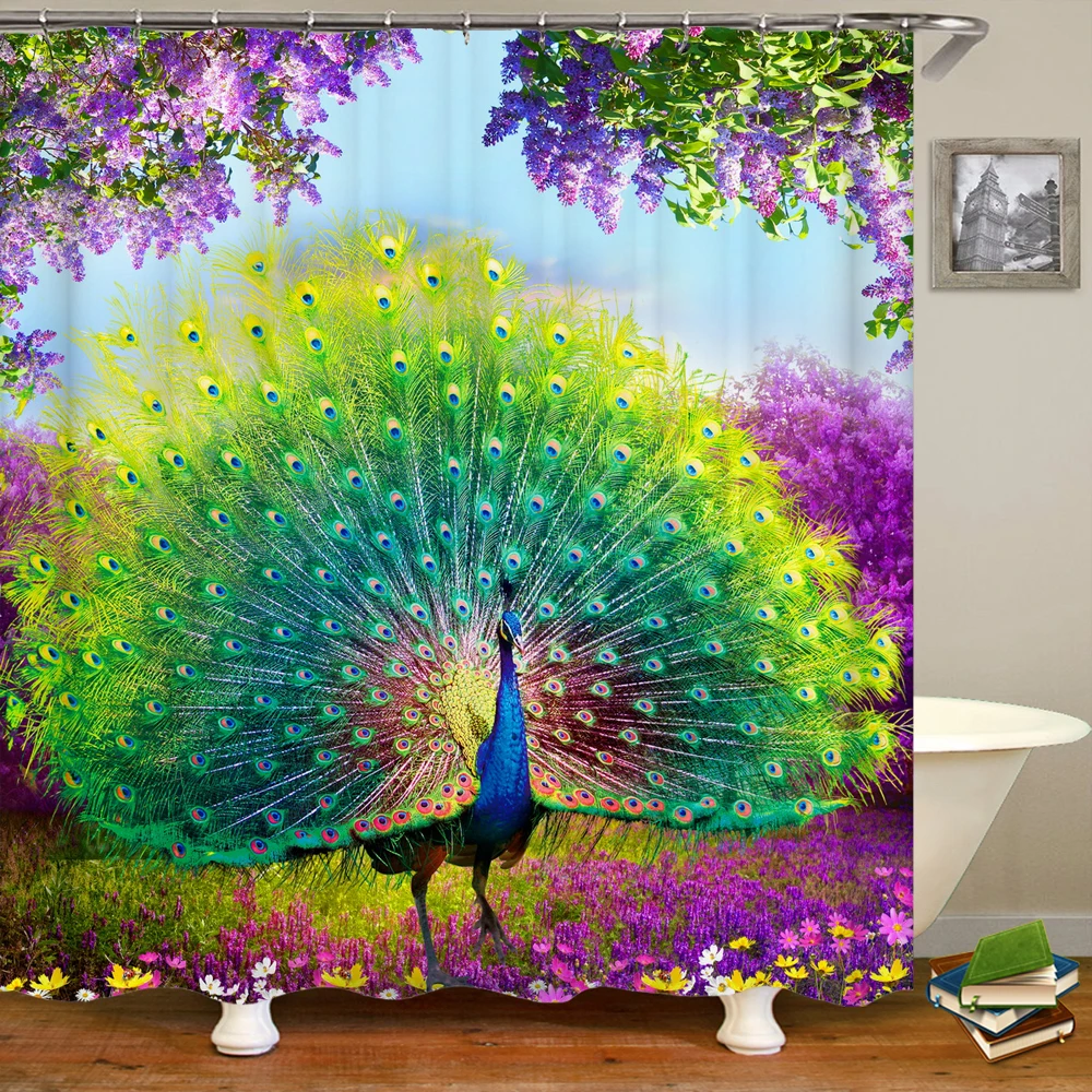 

3D Flowers and Birds Peacocks Shower Curtain Waterproof Bathroom Curtains Polyester Home Decor Bathtub Curtain Screen with Hooks
