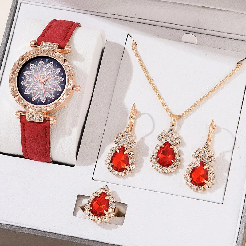 New 5pcs Set Watches Women Leather Band Ladies  Simple Casual Women's Analog WristWatch Bracelet OGDA Necklace Gift (No Box)