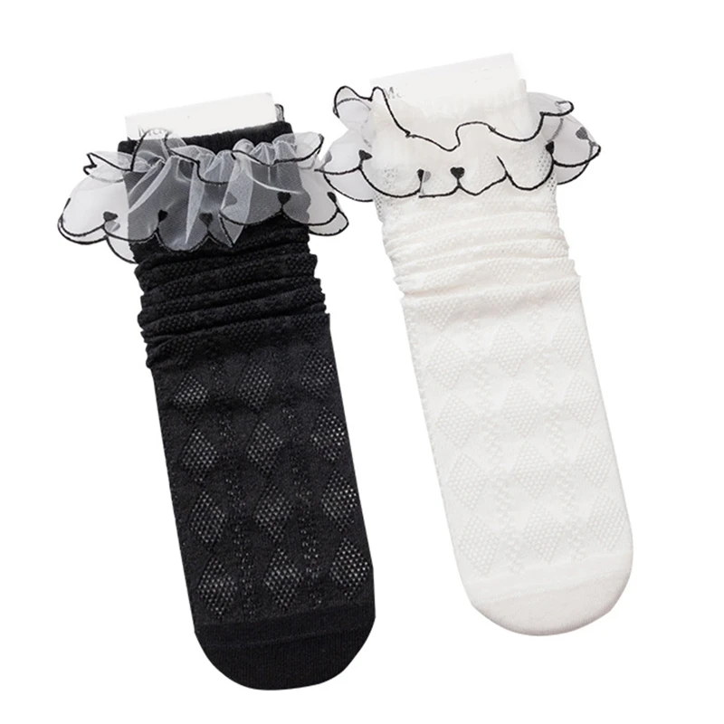 

Kids Girls Summer Mesh Cotton Knee High Socks Sweet Ruffled Lace Trim Toddler Lolita Diamond Jacquard Pattern Stockings