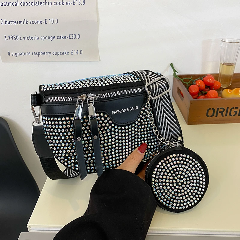 Нагрудные сумки через плечо для женщин Сумки из искусственной кожи со стразами и