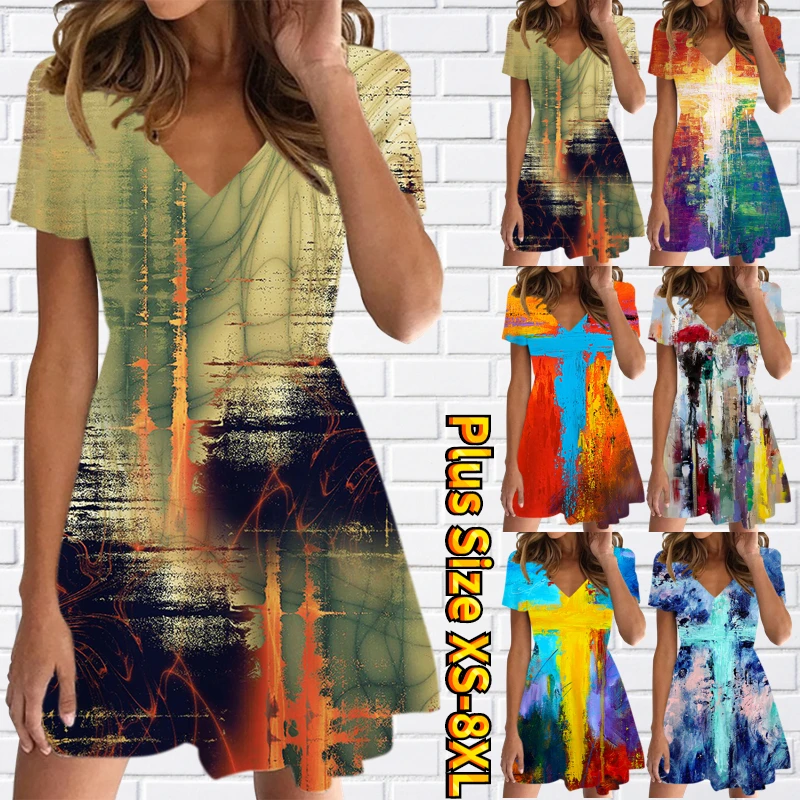 

2023 Summer V-Neck Casual Slim Dress New Design Printing Skirt Women Knee-length Skirt Fashion Loose Size Short Sleeve XS-8XL