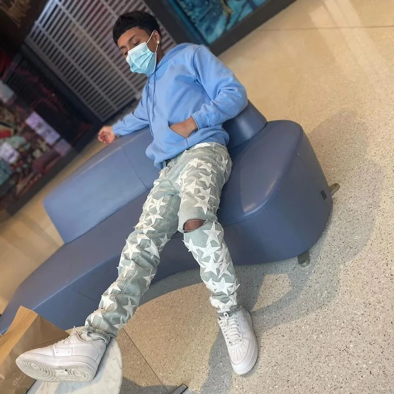 Street Fashion Men Jeans Retro Light Blue Stretch Slim Ripped Jeans Men Hole Trousers Patch Designer Hip Hop Brand Pants Hombre