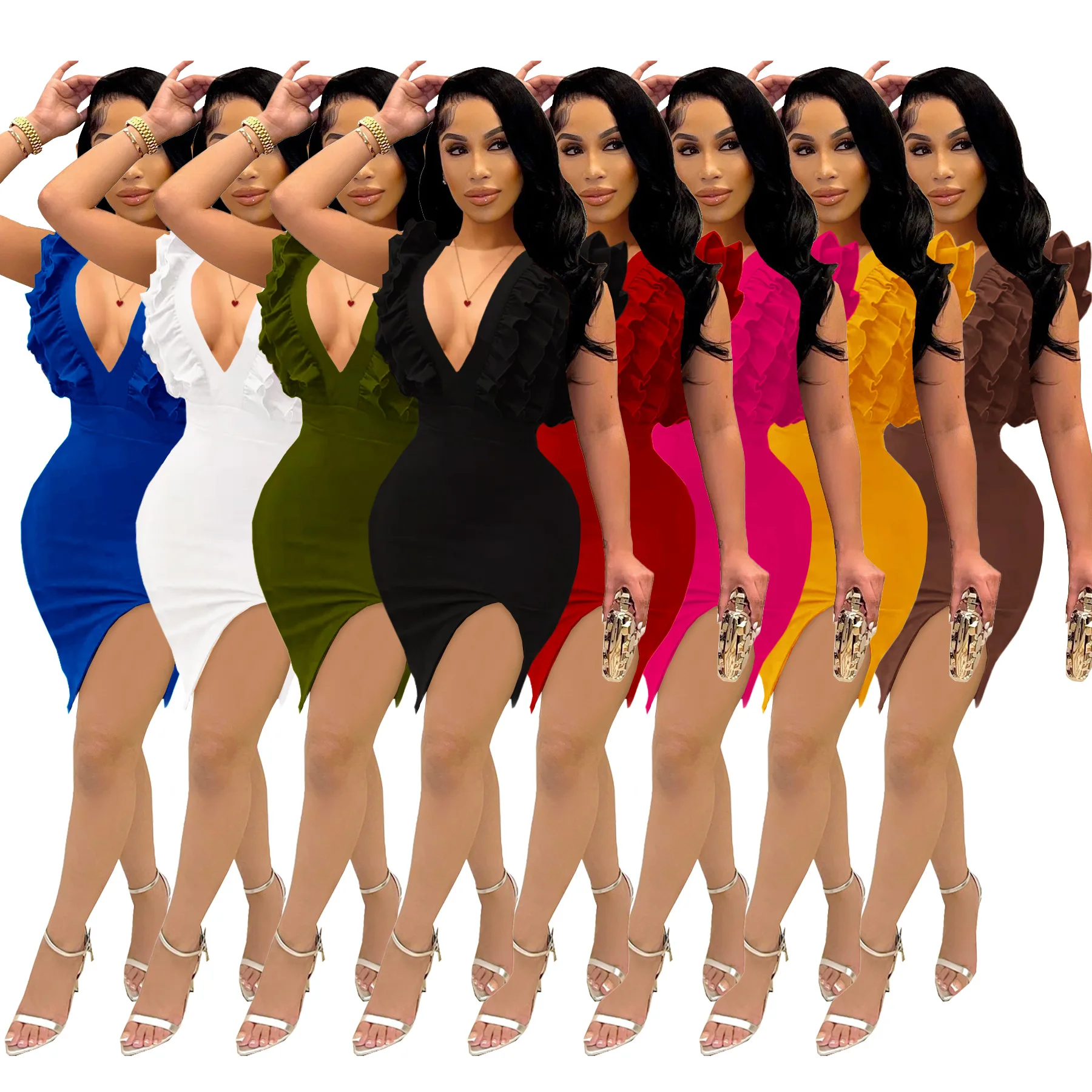 

Women Summer Sexy V Neck Skinny Party Dress Solid Color Pleated High Waist and Ruffled Knee Length + Back Zipperback