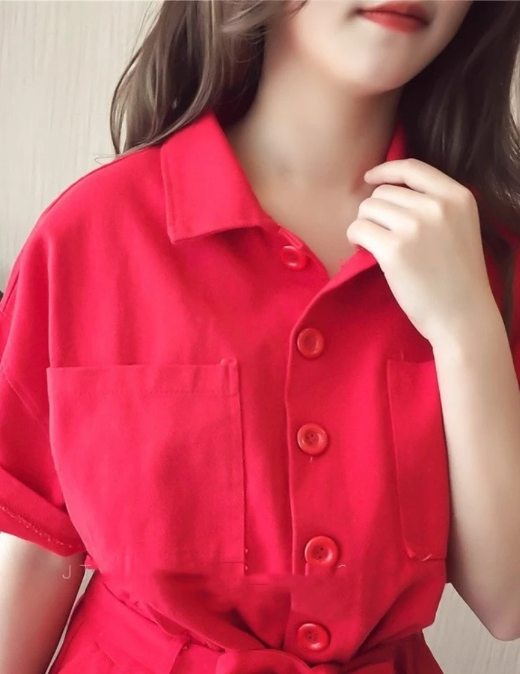 Jumpsuit Polo Collar One Piece Casual Shorts 2023 Summer New Slimming Solid Color Short Sleeved Single Breasted Women's Jumpsuit