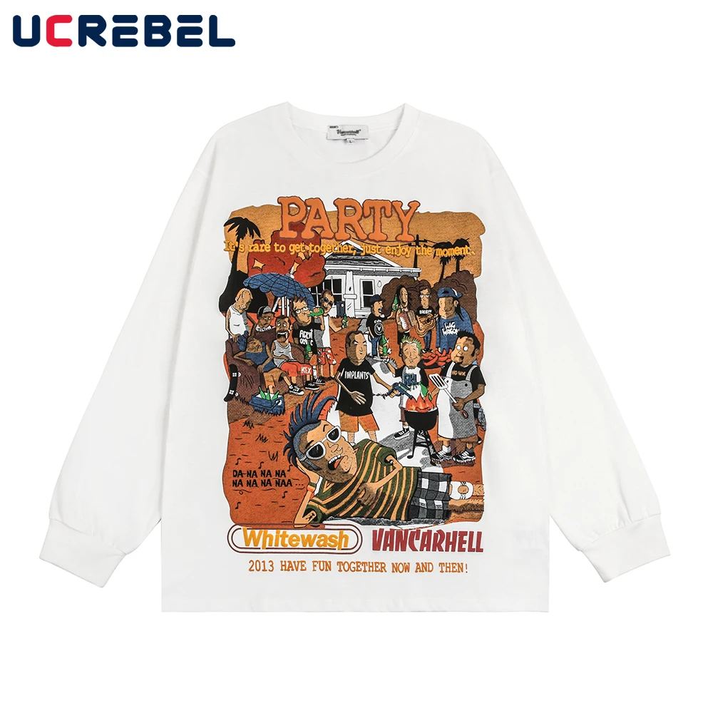 

Cartoon Print Loose Long Sleeve T-shirt Mens High Street Casual Crew Neck Cotton Tee Men Autumn
