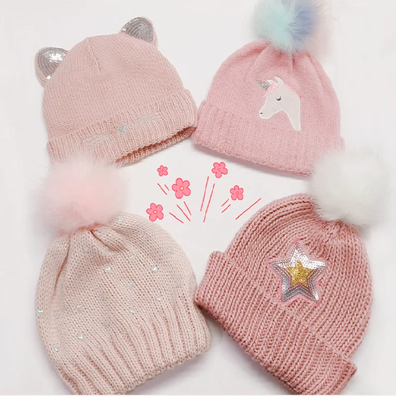 

Kids Hat For Girl Winter Pompom Knit Girls Beanies Hats Unicorn Cat Cartoon Warm Toddler Bonnet Caps Children Accessories 4-9Y