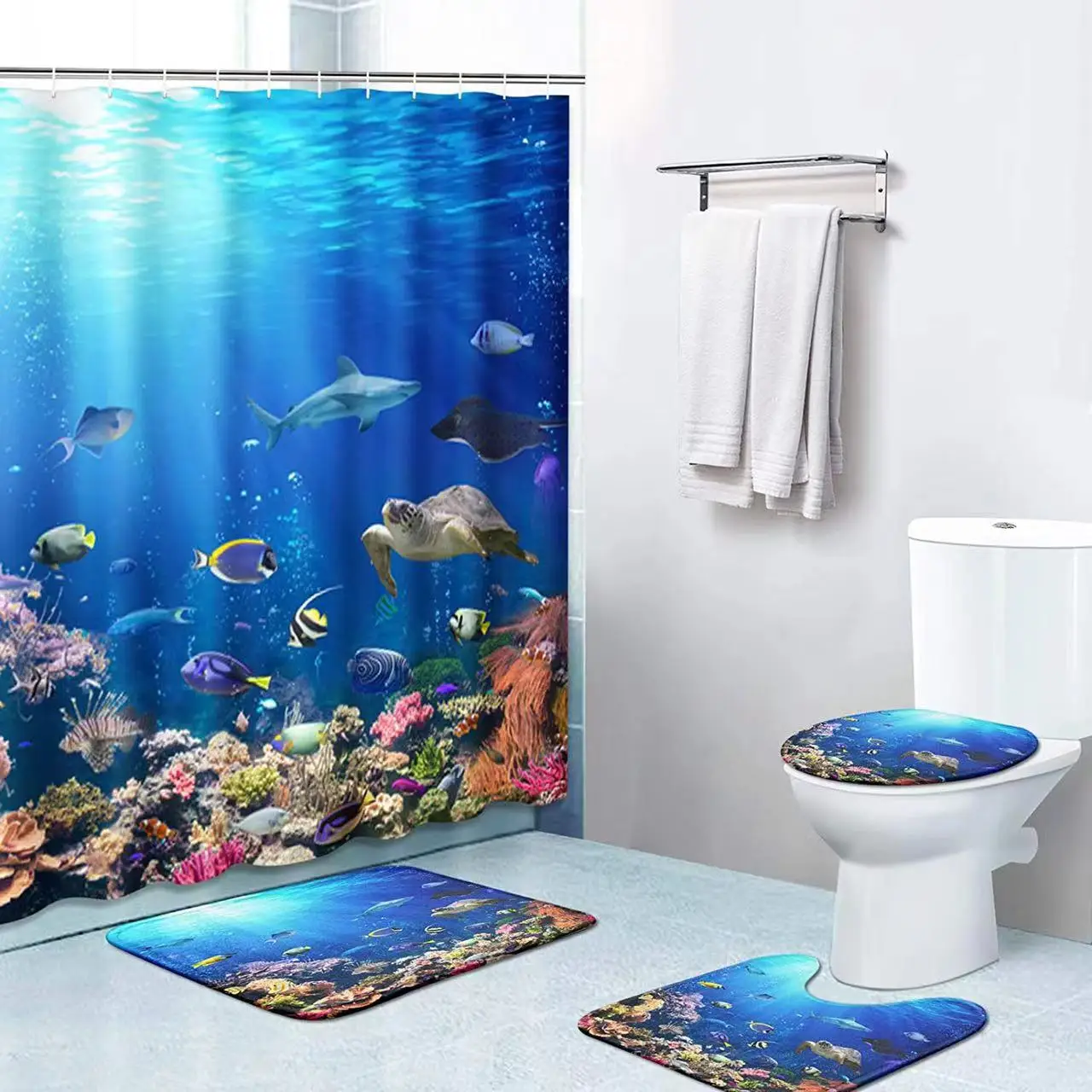 

Shower Curtain Sets Nature Ocean Sea Turtle and Fish with Non-Slip Rugs Toilet Lid Cover and Bath Mat Durable Bathroom Decor Set