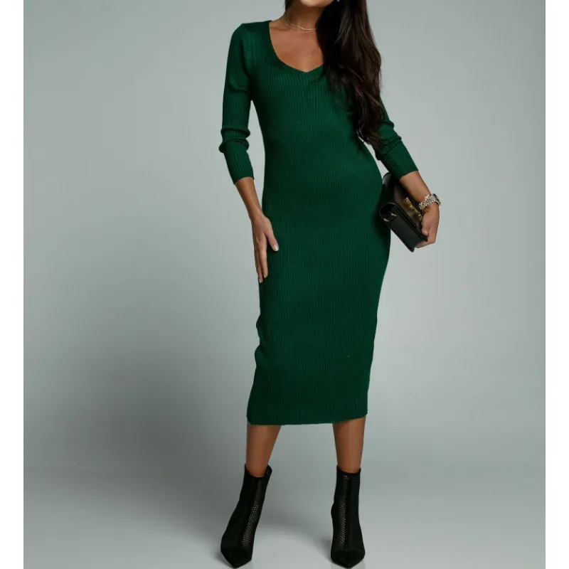 Женское однотонное трикотажное платье с V-образным вырезом удобная повседневная