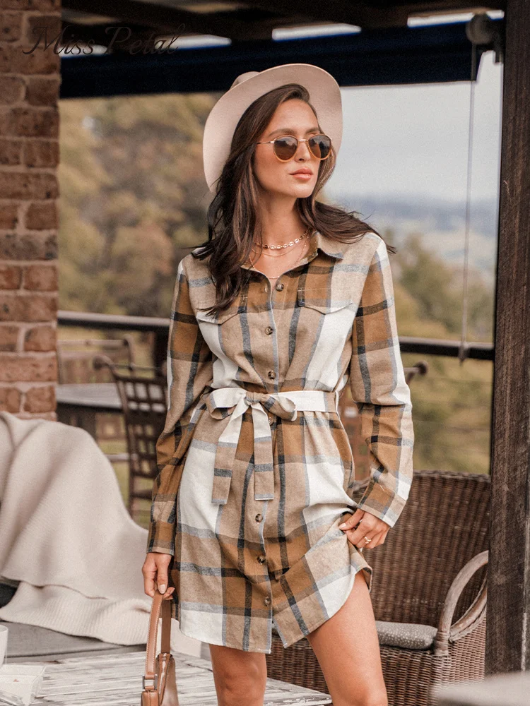 

Клетчатое мини-платье с поясом и пуговицами спереди для женщин, Повседневное платье-рубашка с длинным рукавом, Осень-зима 2023, женское платье