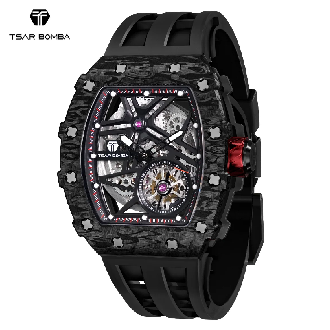 

Carbon Fiber Bezel Mens Automatic Watch TSAR BOMBA Waterproof Mechanical WristWatch Luxury Skeleton Clock Tonneau Watch for Men