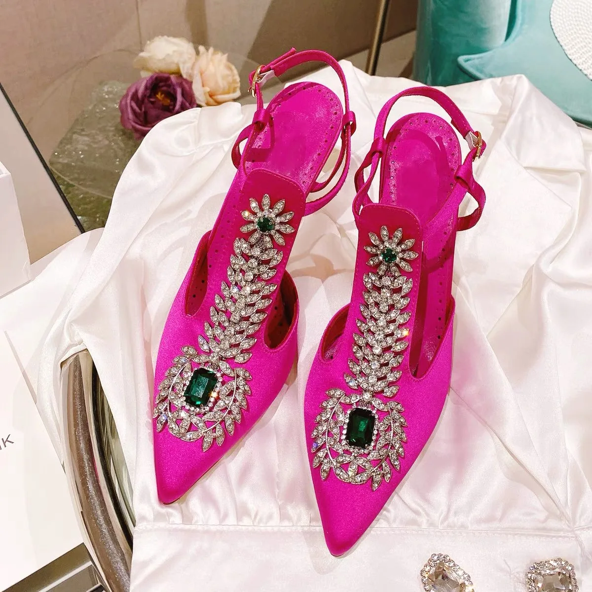 2023 Spring and Summer Rhinestone Sandals Pointed Toe Buckle Baotou Stiletto Satin Crystal High Heels Women