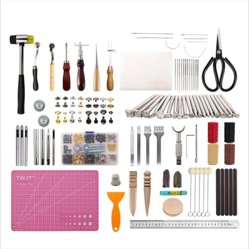 

183Pcs Leather kit,Leathercraft Working Tool Kit with Saddle Making Tools Set Prong Punch Leather Hammer for Leather Working