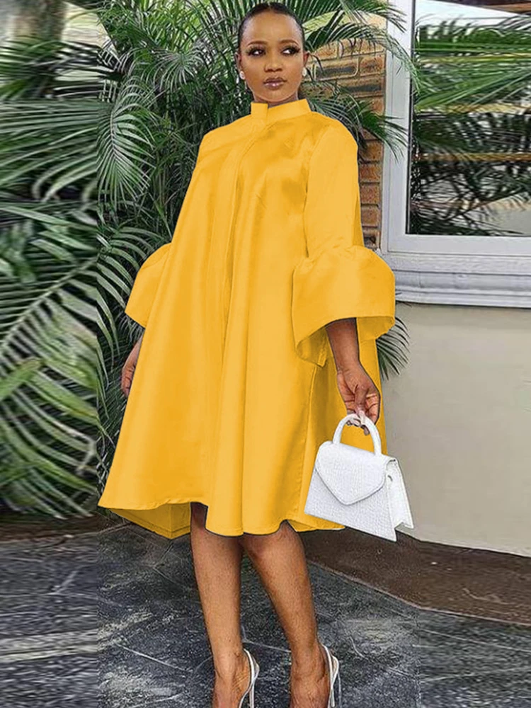 Женское свободное платье с воротником-стойкой и рукавом три четверти | Женская