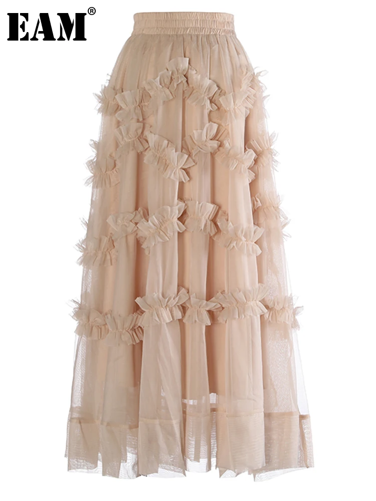 

[EAM] юбка с высокой эластичной талией абрикосового цвета с сетчатыми оборками, элегантная трапециевидная юбка средней длины, женская мода, новинка, весна-осень 2023, 1DH1419