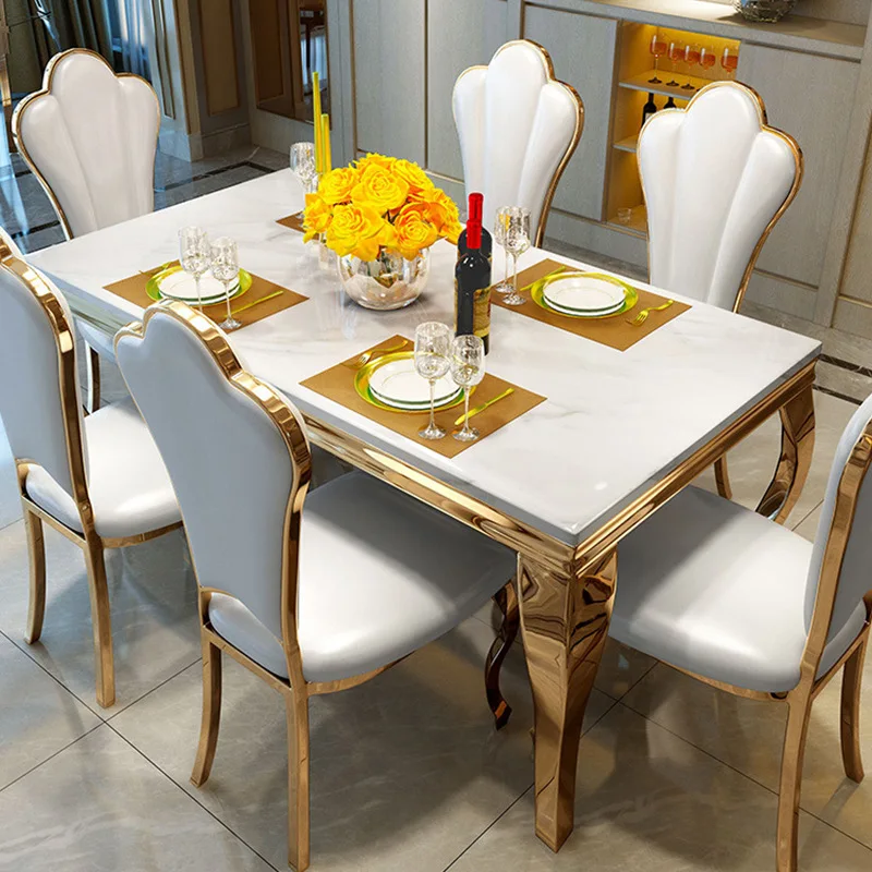 

Northern European-Style Stainless Steel Rectangular Dining Table Villa Luxury Household Marble Dining Tables and Chairs