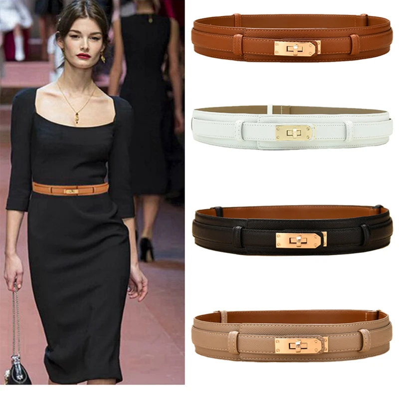 Western Black White Khaki Caramel Fashion Women Leather Belt Adjustable Strap Lock Catch Alloy Buckle dress Coat Waist Belt