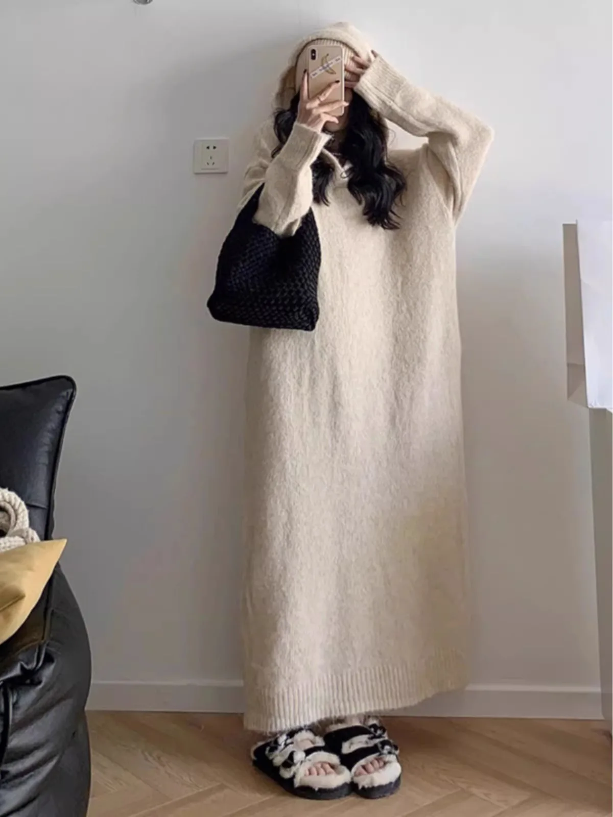 Plus Size Plus size Hood Knitted dress Women Autumn and Winter Chubby Girl .00 Kg-50.00 kg Loose Slimming Pregnant Long...