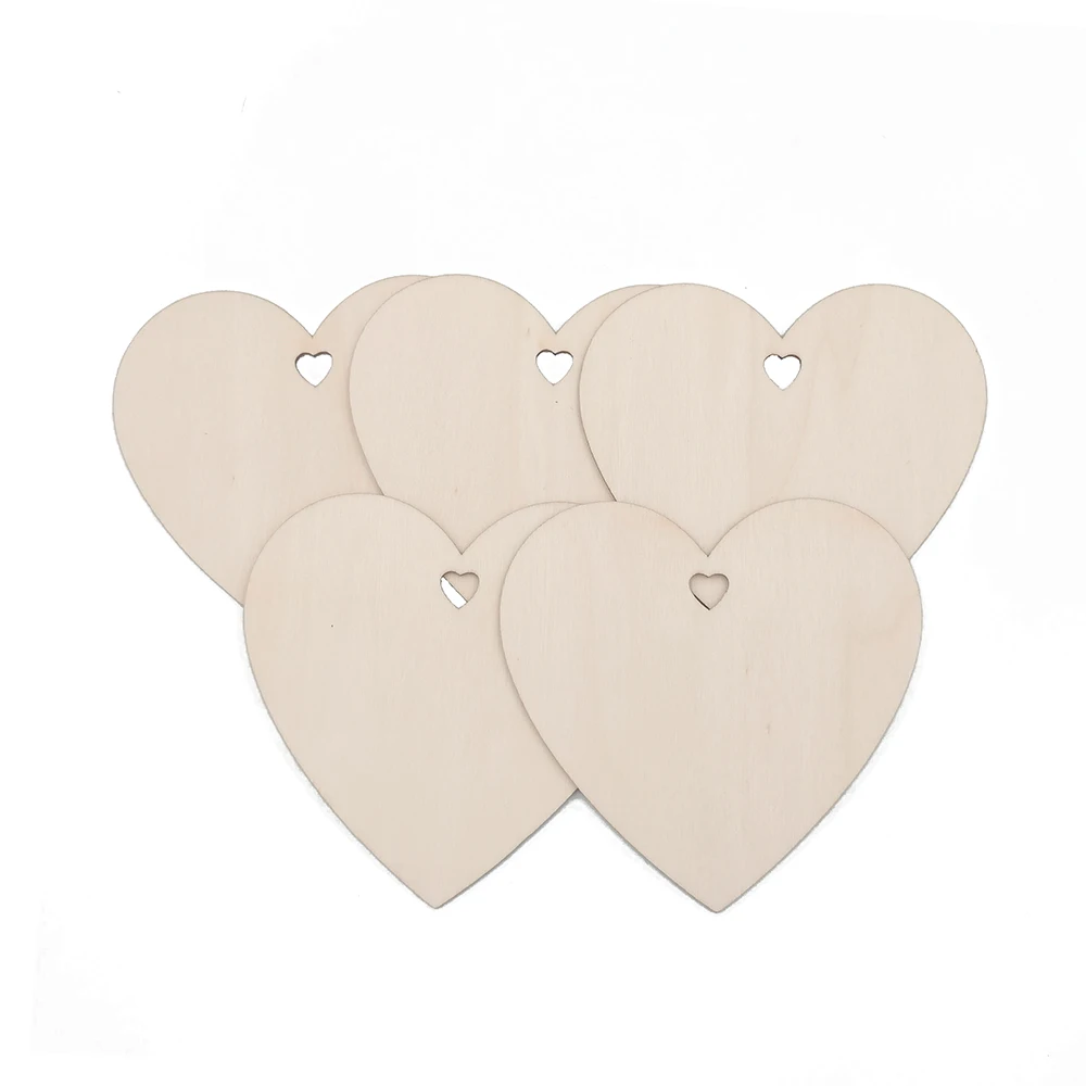 

50pcs 100mm Wooden Heart Cutouts Unfinished Heart Wooden Ornaments Wood Crafts Slices with Holes for Wedding Hanging DIY Crafts