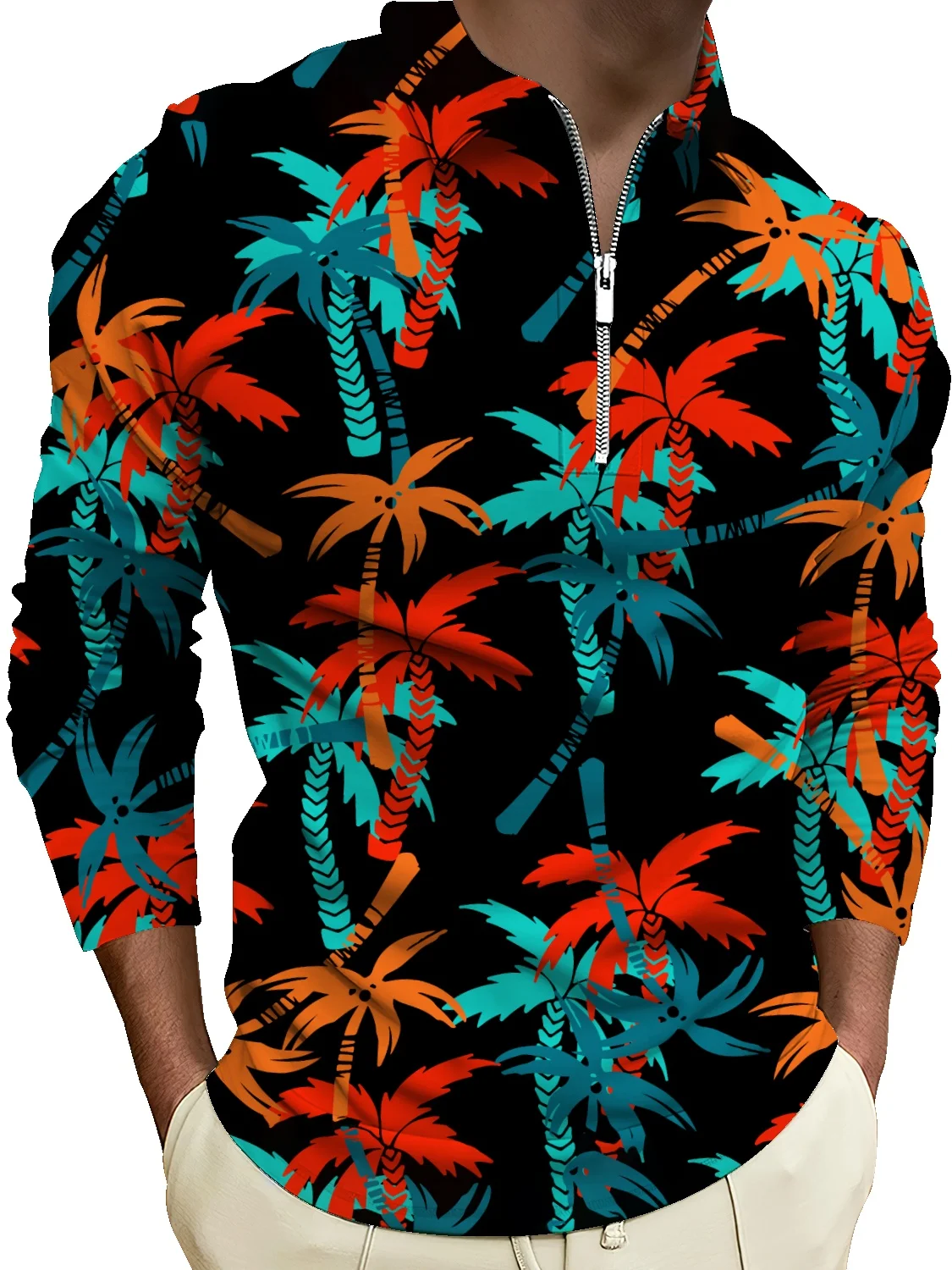 

Мужской тонкий винтажный свитер с растительным принтом, приталенный свитер на молнии с длинными рукавами, трендовые модные рубашки, мужски...