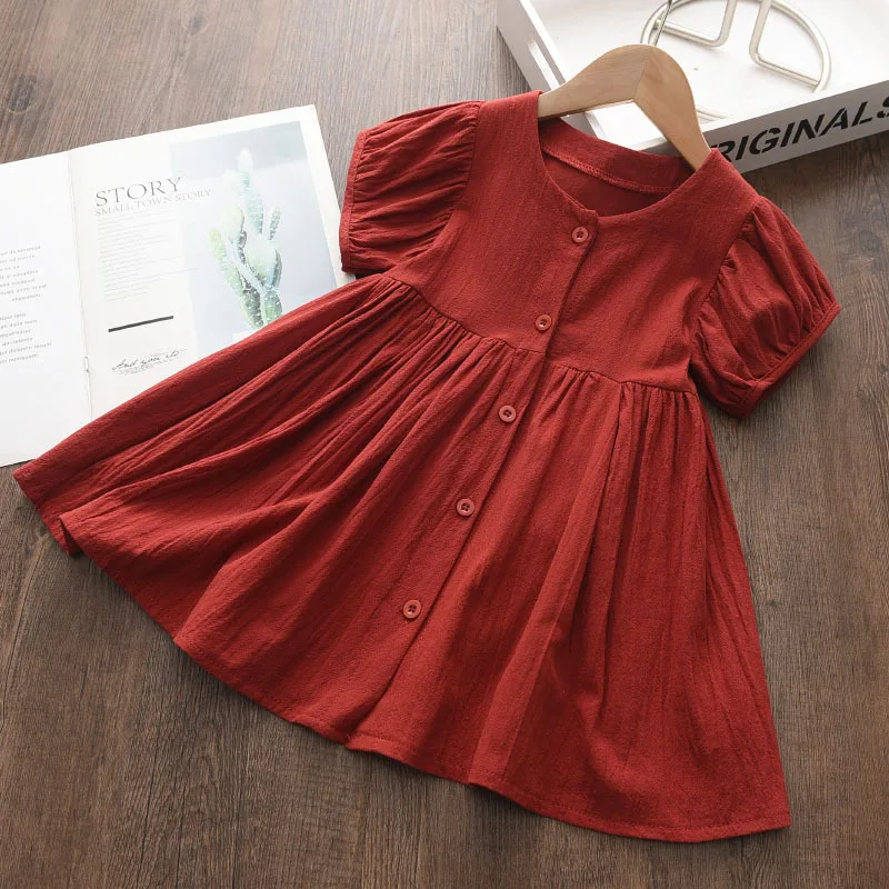 

Girls' Dress 3-7Y Baby Summer Simple and Elegant Cotton Hemp Bubble Sleeve Princess Dress